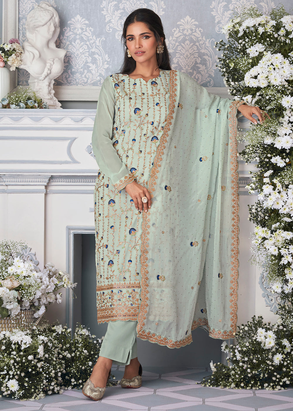 Coral Blue Organza Silk Embroidered Salwar Suit