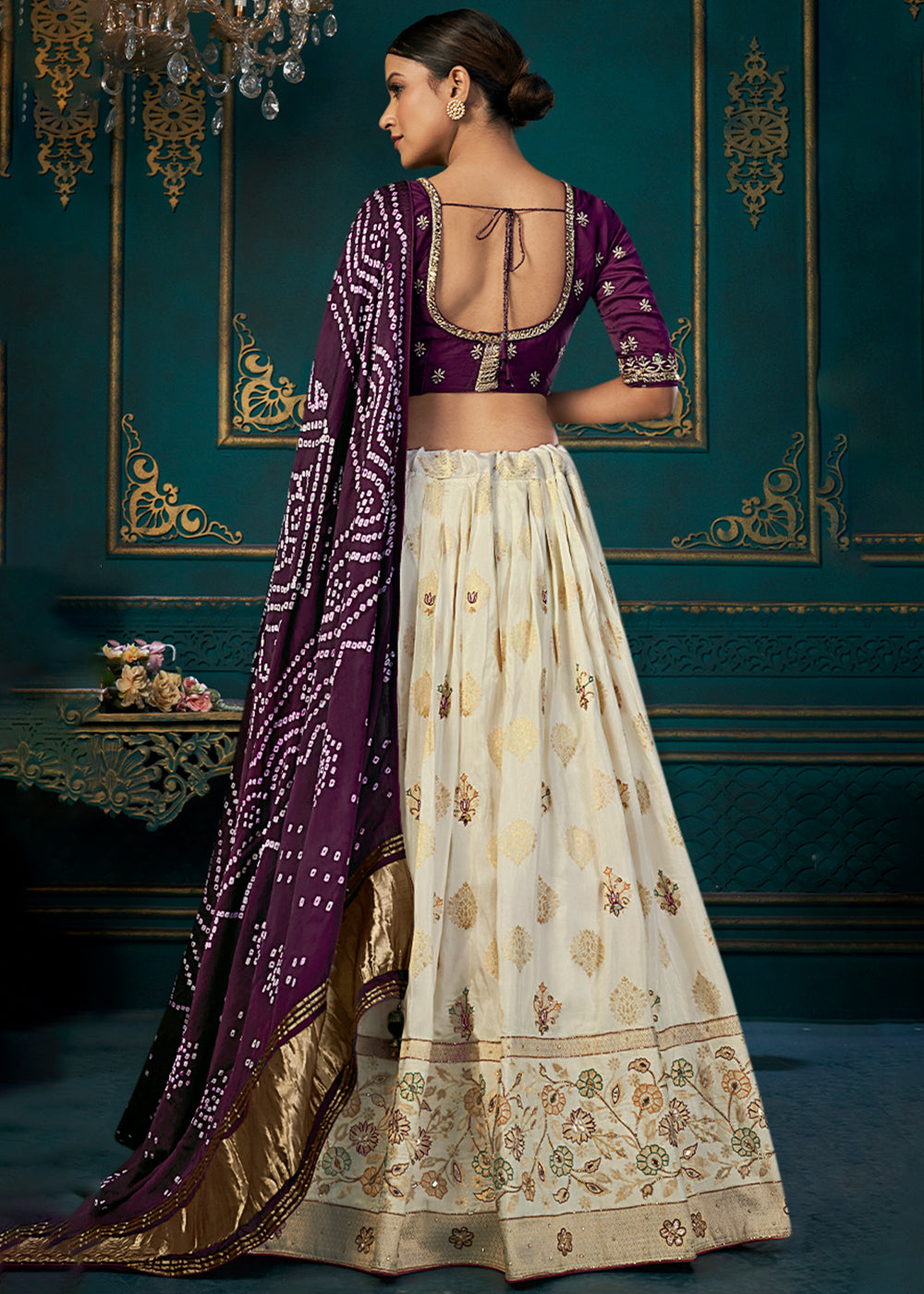 White & Purple Dola Silk Lehenga Choli with Thread & Khatli work