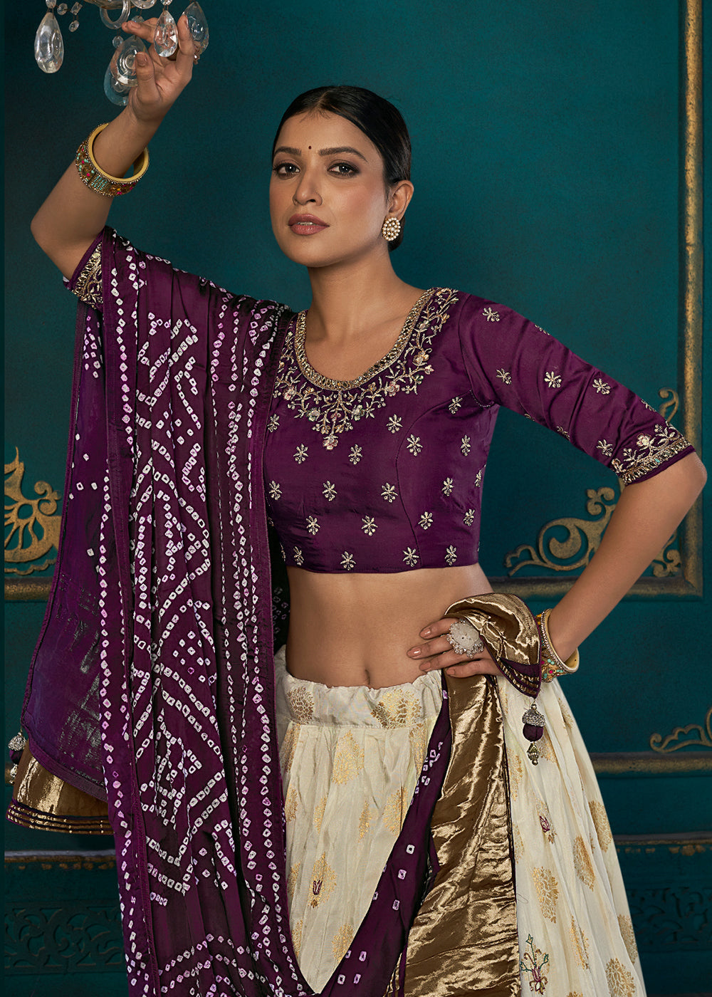 White & Purple Dola Silk Lehenga Choli with Thread & Khatli work