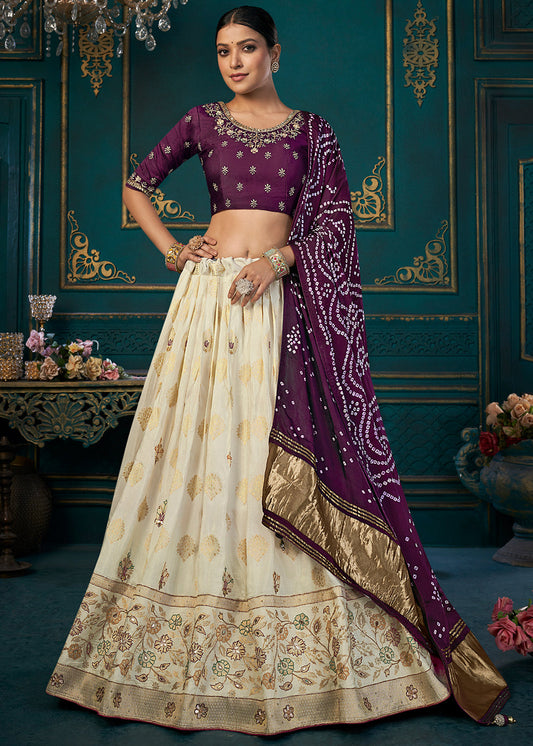 White & Purple Dola Silk Lehenga Choli with Thread & Khatli work