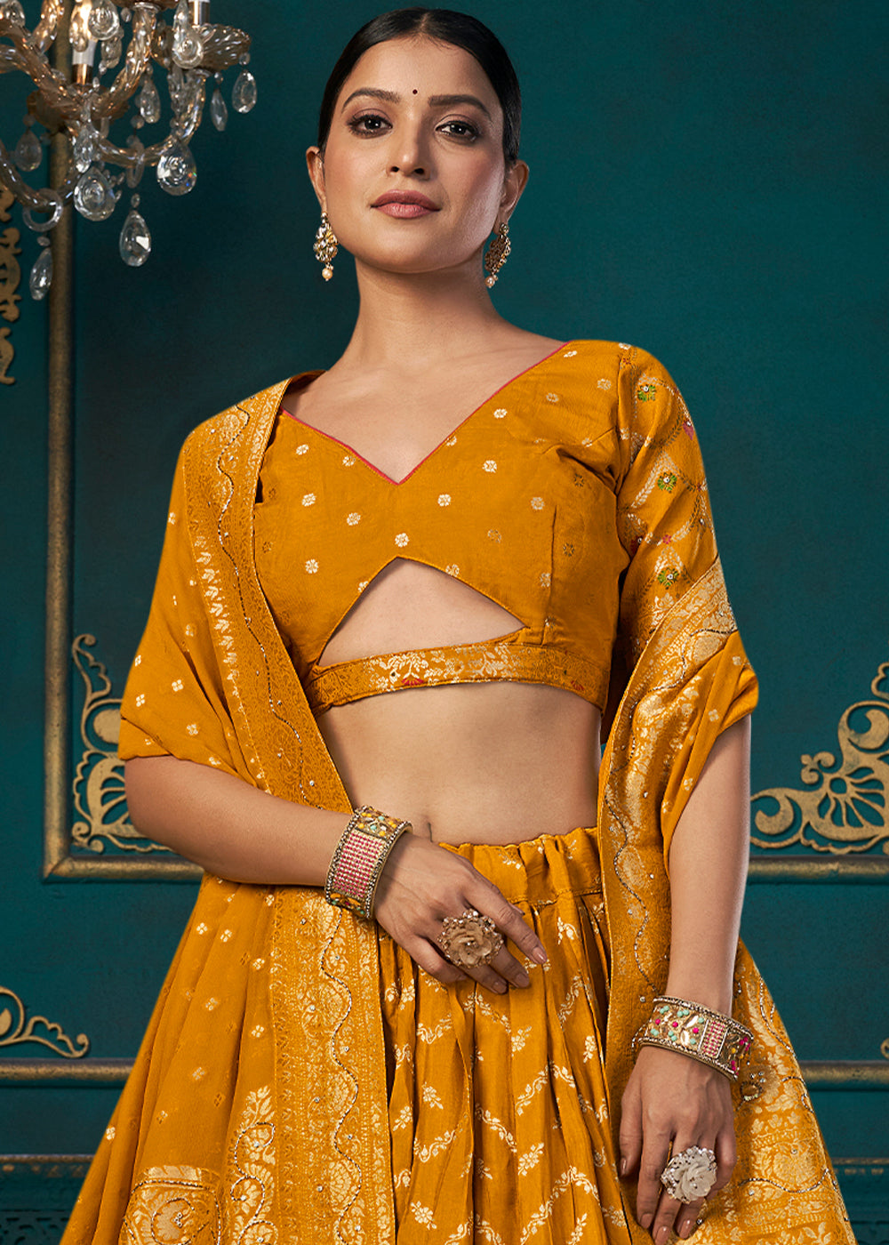 Mustard Yellow Dola Silk Lehenga Choli with Thread & Khatli work