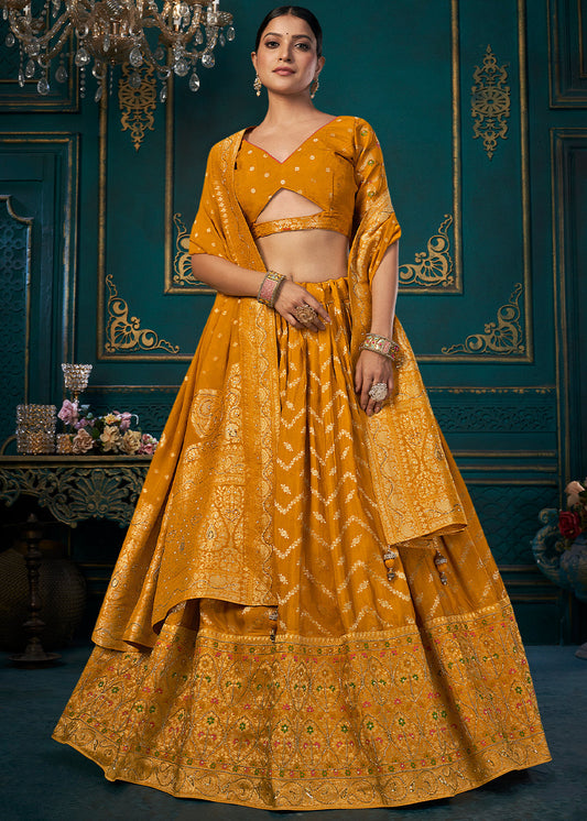 Mustard Yellow Dola Silk Lehenga Choli with Thread & Khatli work