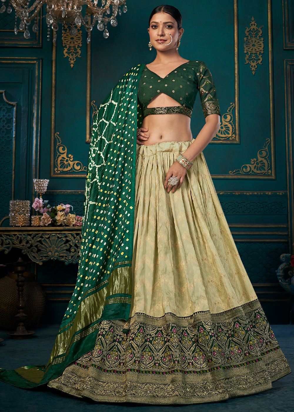 White & Green Dola Silk Lehenga Choli with Thread & Khatli work