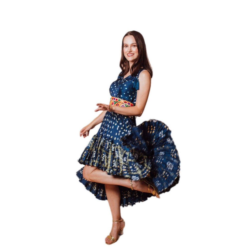 Evelyn Blue Bandhani Tte Dye Dress with Ruffle Trim