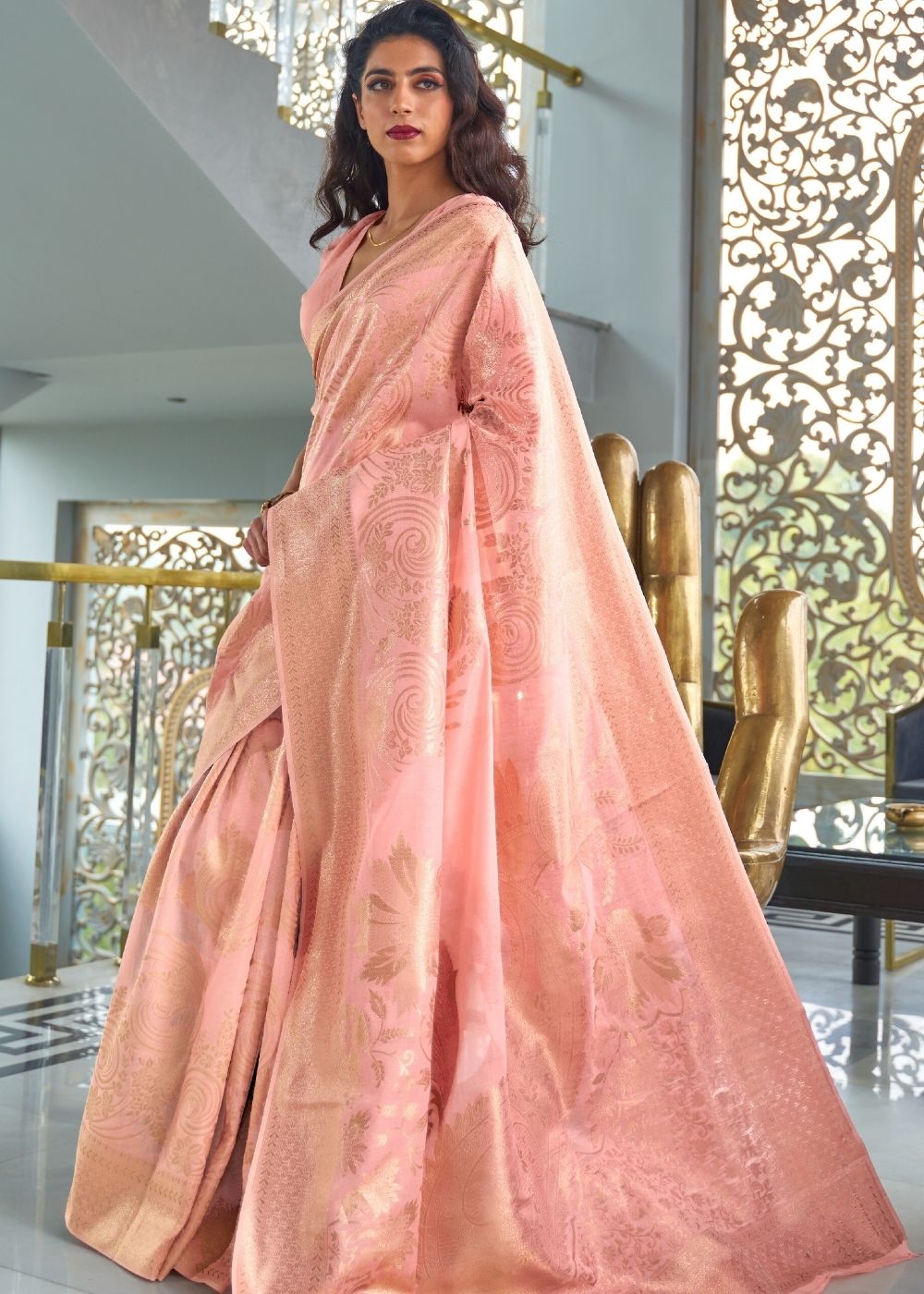 Coral Pink Zari Woven Designer Silk Saree