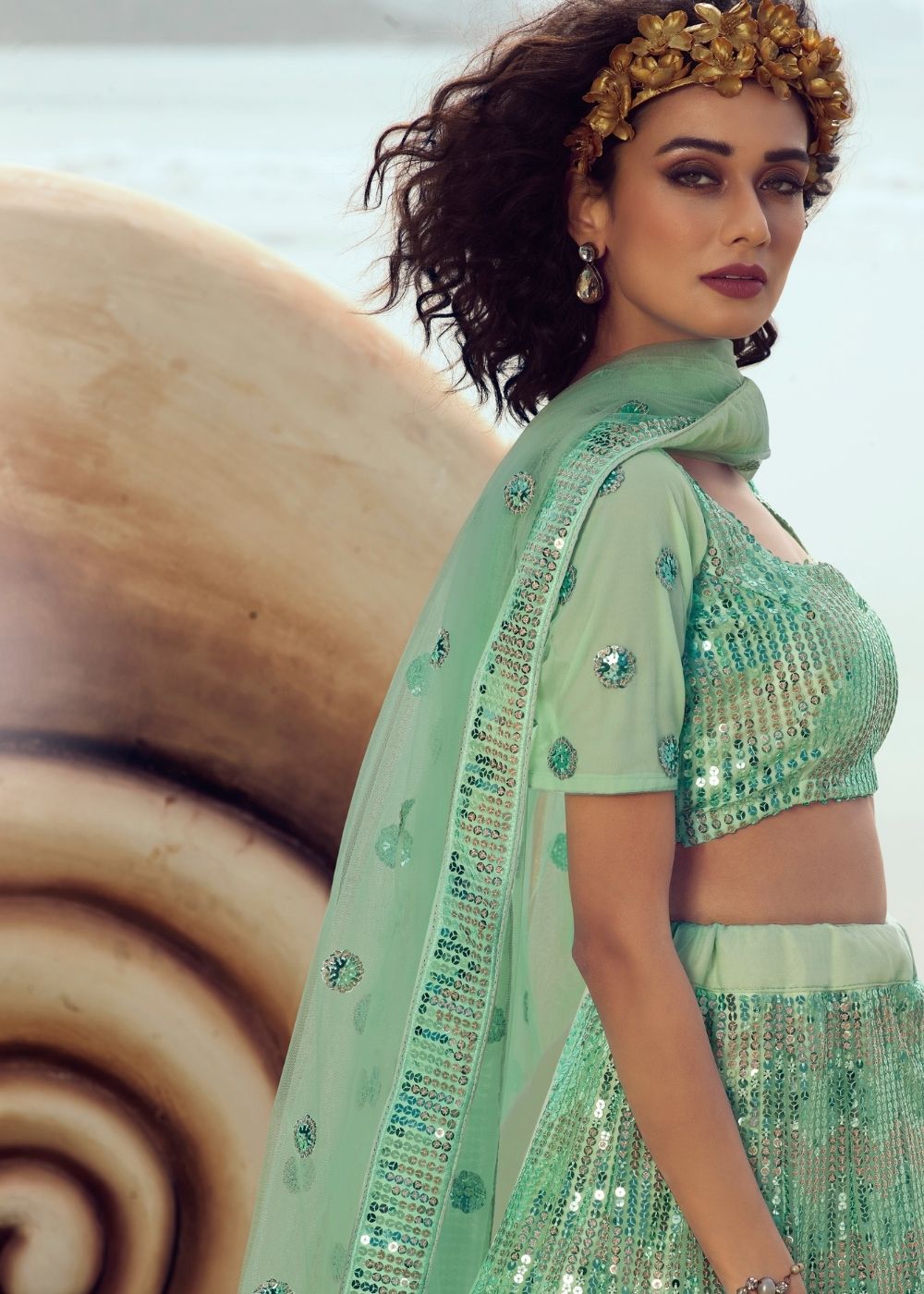 Mint Green Soft Net Designer Lehenga Choli with overall Sequins work