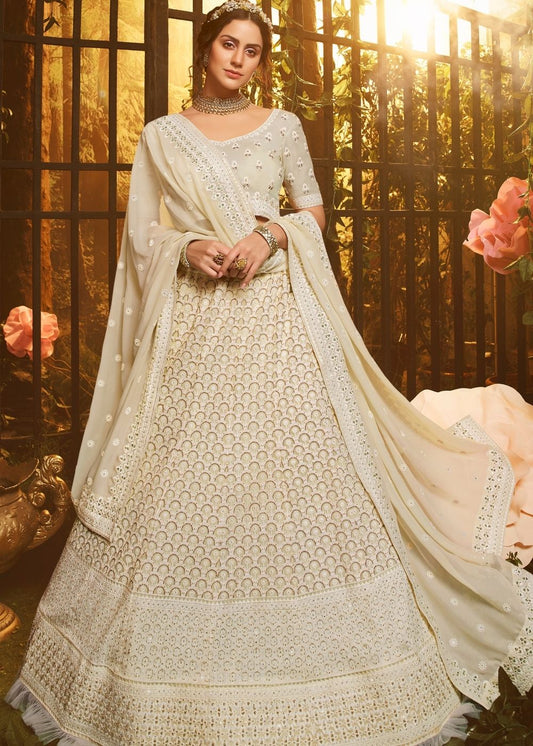 Linen White Georgette Lehenga Choli with Thread, Zari, and Moti work