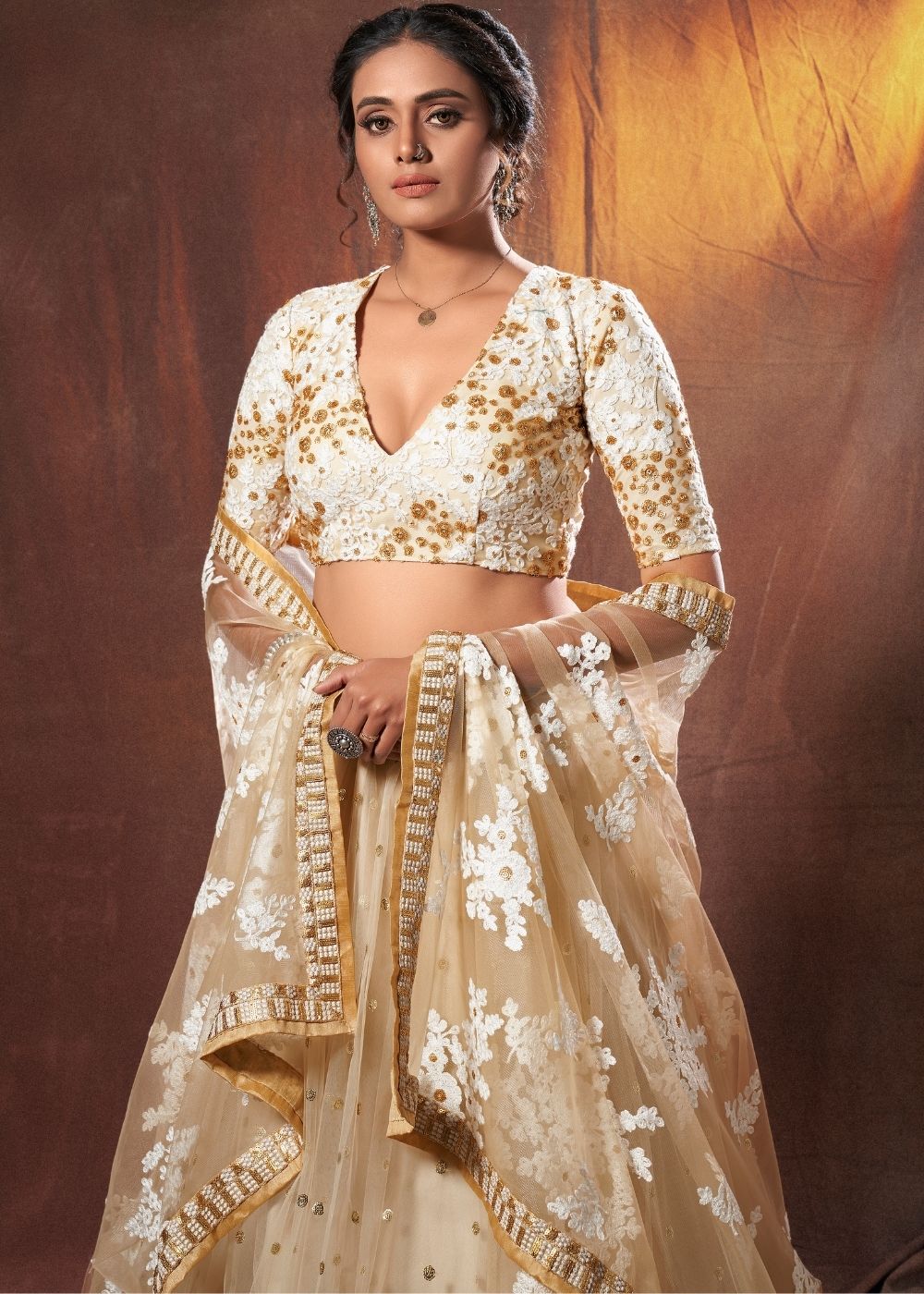 Beige Designer Soft Net Lehenga Choli with Resham, Zari & Sequins work