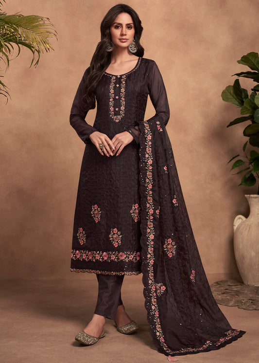 Dark Chocolate Brown Organza Salwar Suit with Embroidery Work