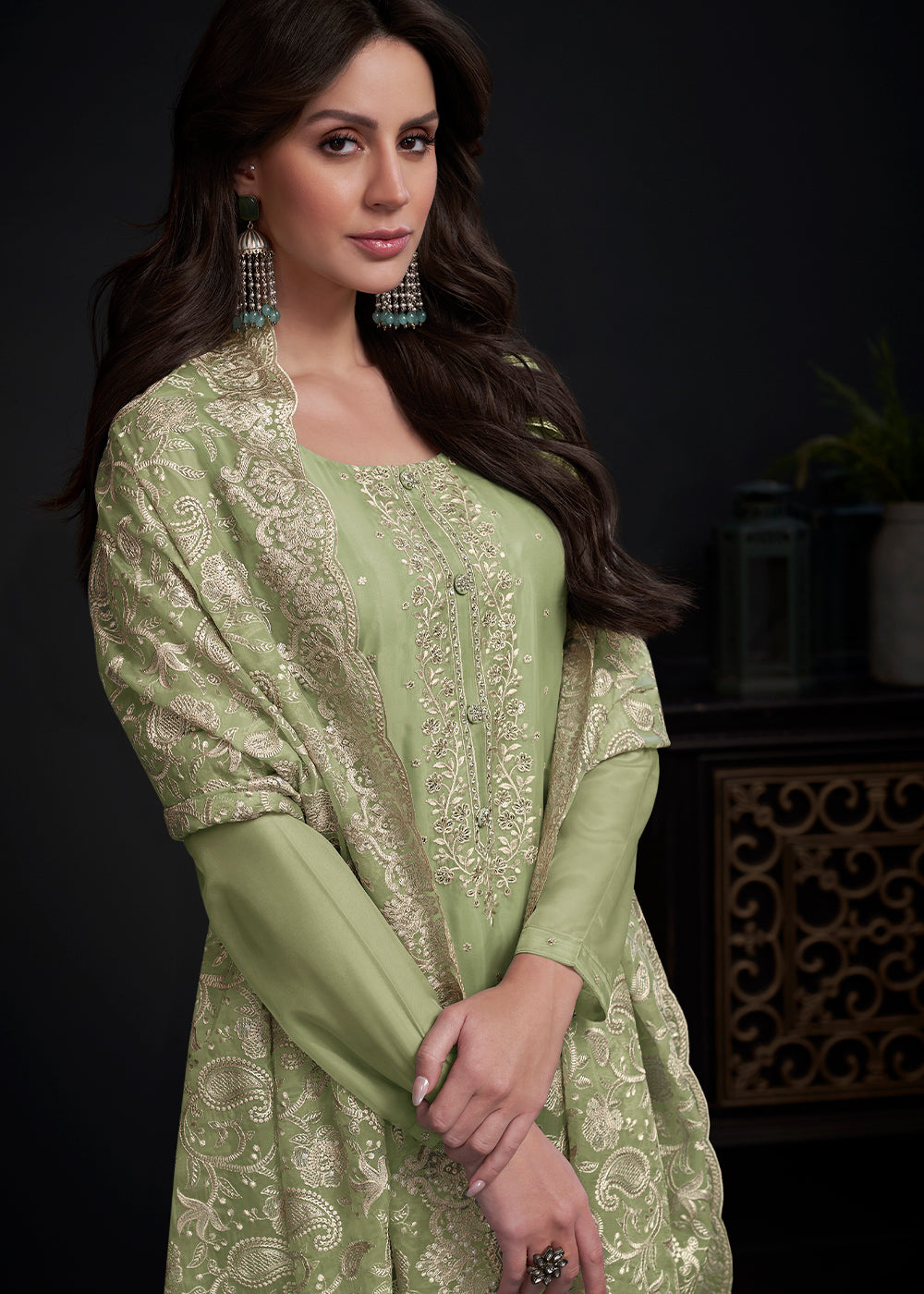 Pastel Green Designer Organza Salwar Suit with Embroidery Work