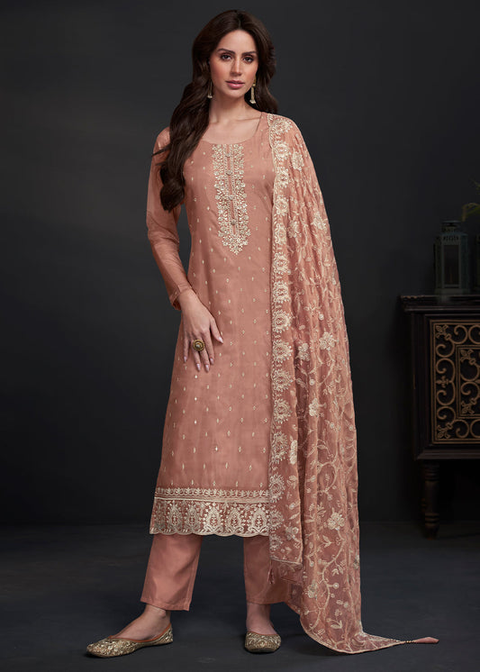 Light Brown Designer Organza Salwar Suit with Embroidery Work