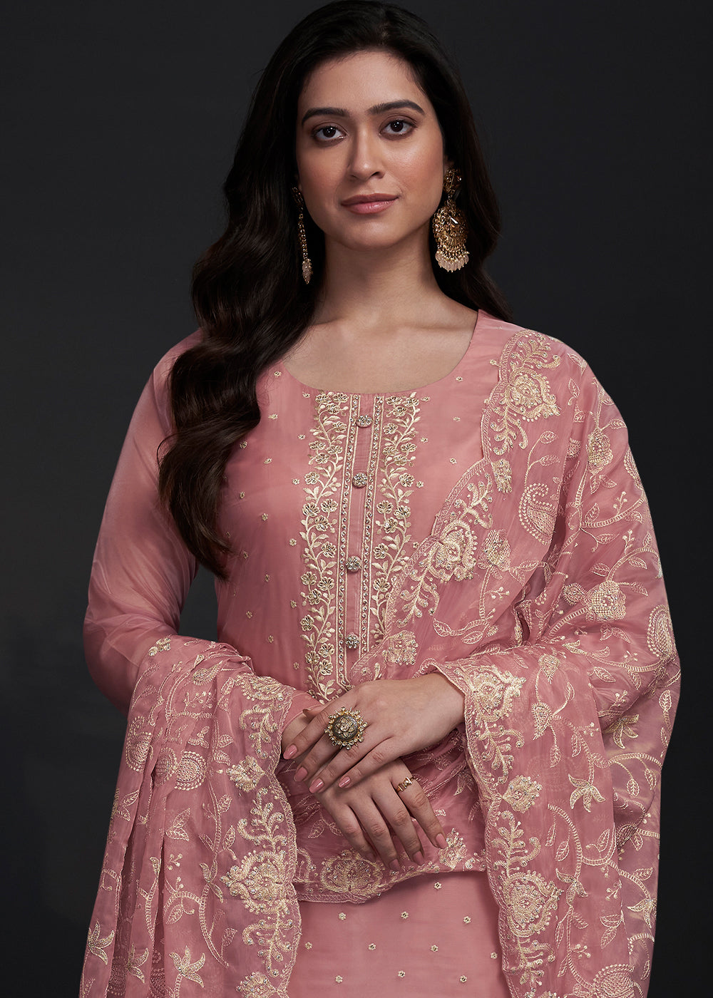 Rose Pink Designer Organza Salwar Suit with Embroidery Work