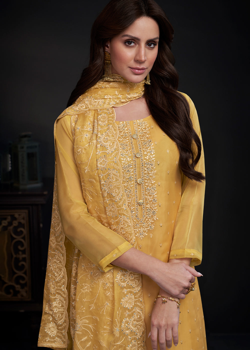 Tuscany Yellow Designer Organza Salwar Suit with Embroidery Work