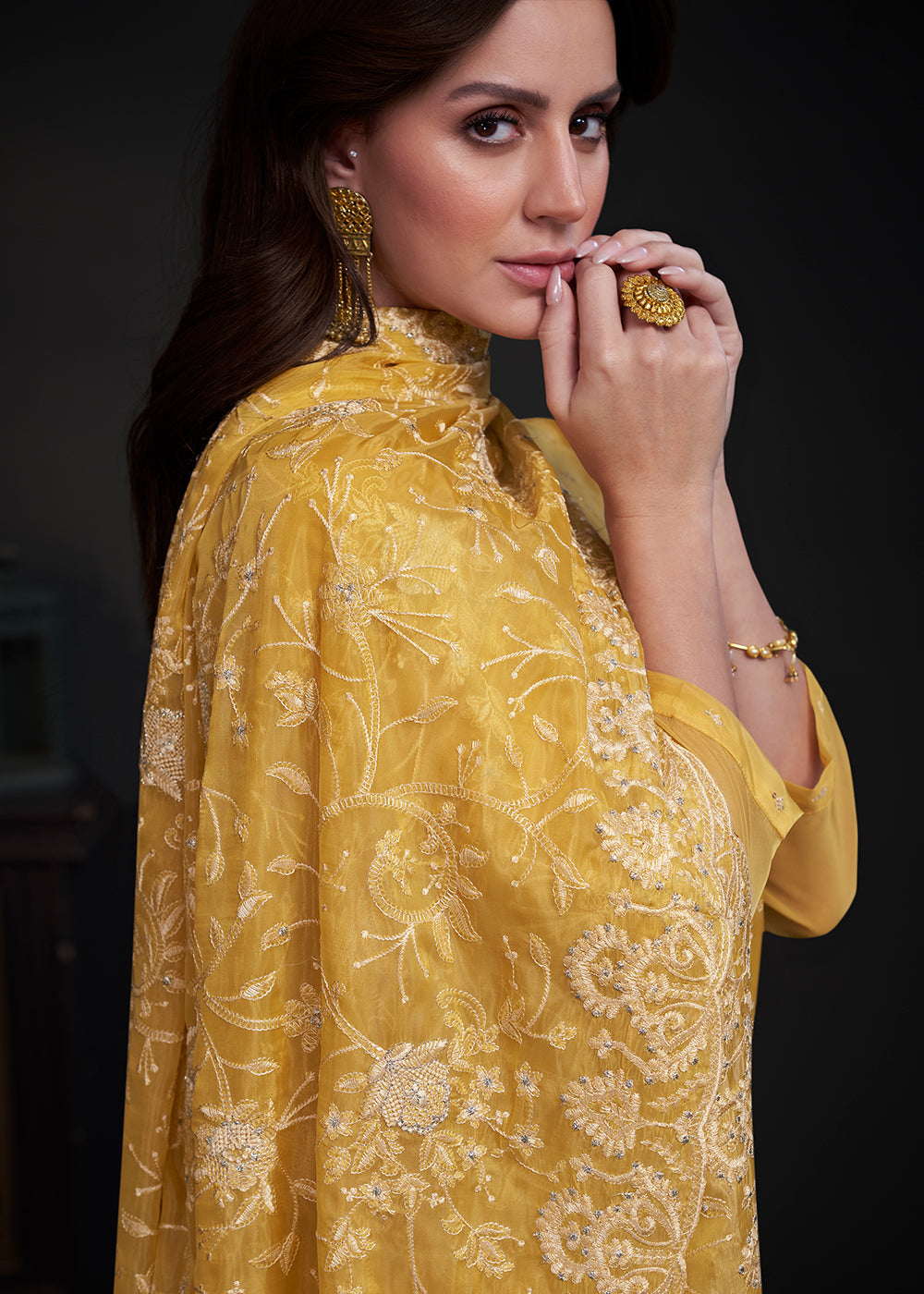 Tuscany Yellow Designer Organza Salwar Suit with Embroidery Work