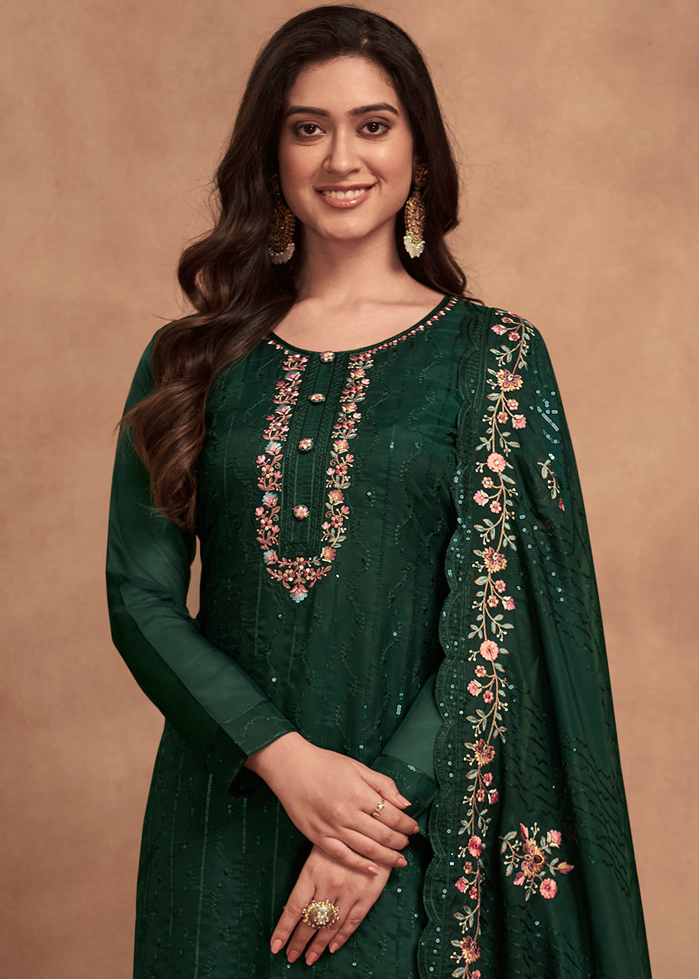 Dark Green Designer Organza Salwar Suit with Embroidery Work