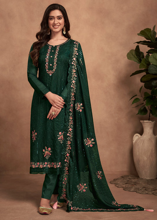 Dark Green Designer Organza Salwar Suit with Embroidery Work