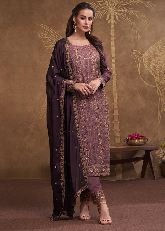 Opera Mauve Purple Silk Embroidered Salwar Suit