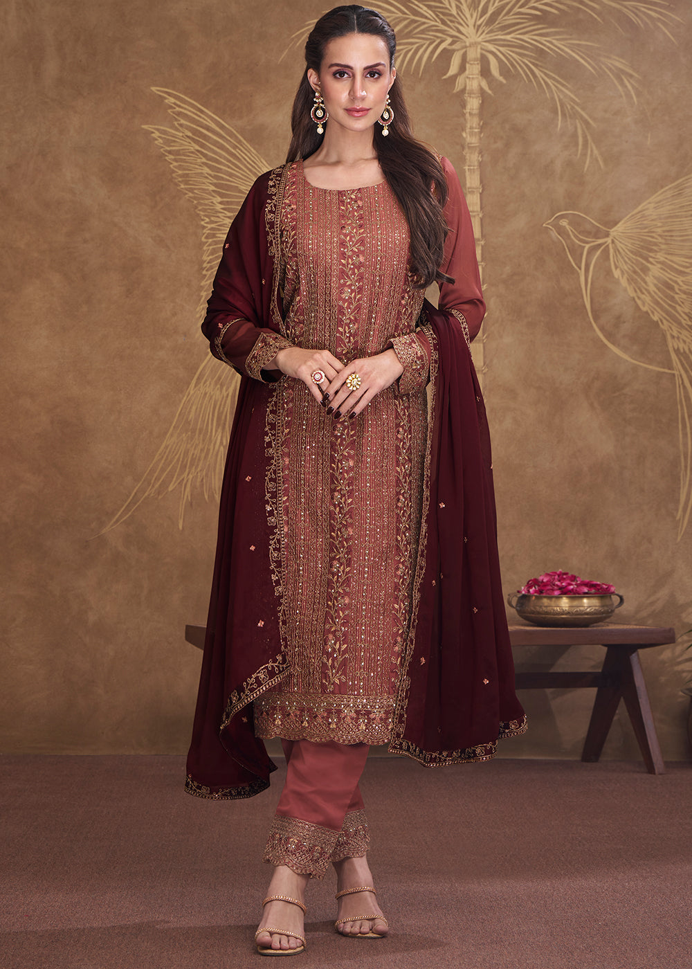 Shades Of Brown Silk Embroidered Salwar Suit