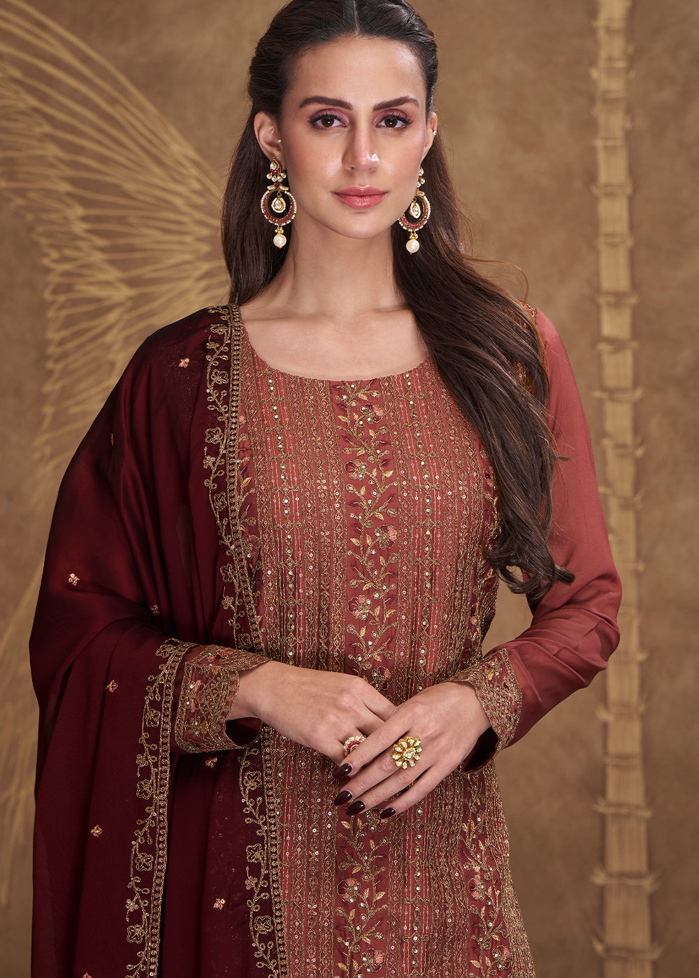 Shades Of Brown Silk Embroidered Salwar Suit