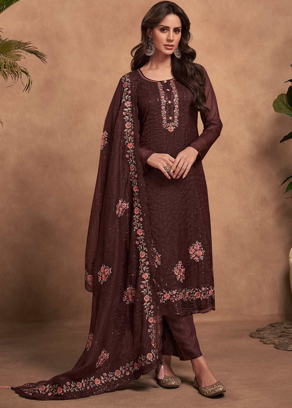 Syrup Brown Designer Organza Salwar Suit with Embroidery Work