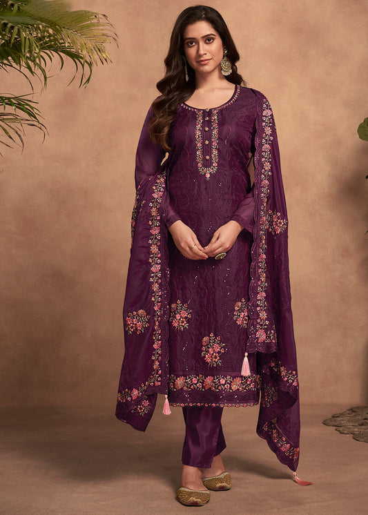 Mitten Purple Designer Organza Salwar Suit with Embroidery Work