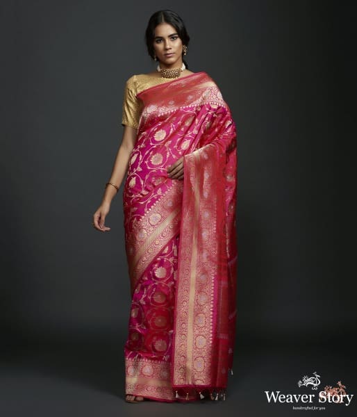 Hot Pink sona rupa kadhwa jangla with floral jaal and heavy pallu