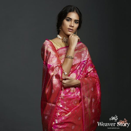 Hot Pink sona rupa kadhwa jangla with floral jaal and heavy pallu