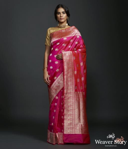 Rani Pink kadhwa elephant boota saree with shikargah border