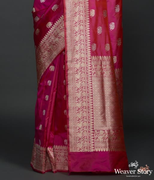 Rani Pink kadhwa elephant boota saree with shikargah border