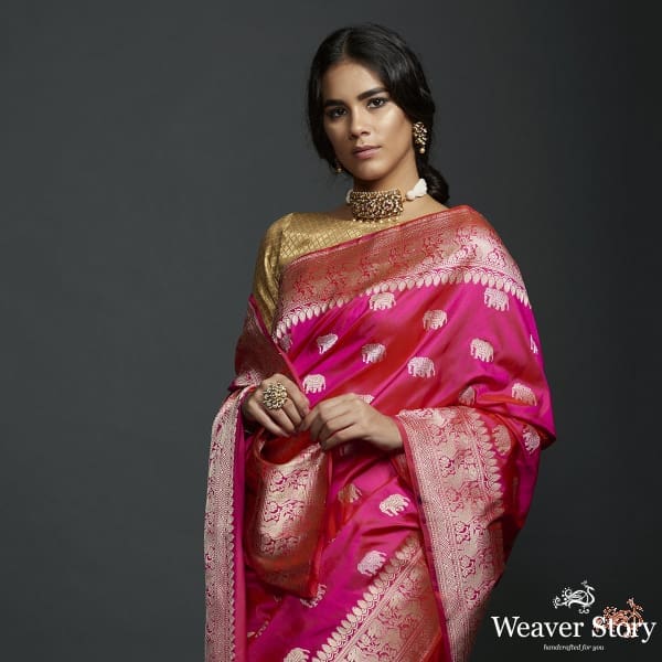 Rani Pink kadhwa elephant boota saree with shikargah border