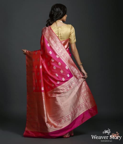 Rani Pink kadhwa elephant boota saree with shikargah border