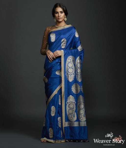 Blue kadhwa banarasi saree with kairi boota