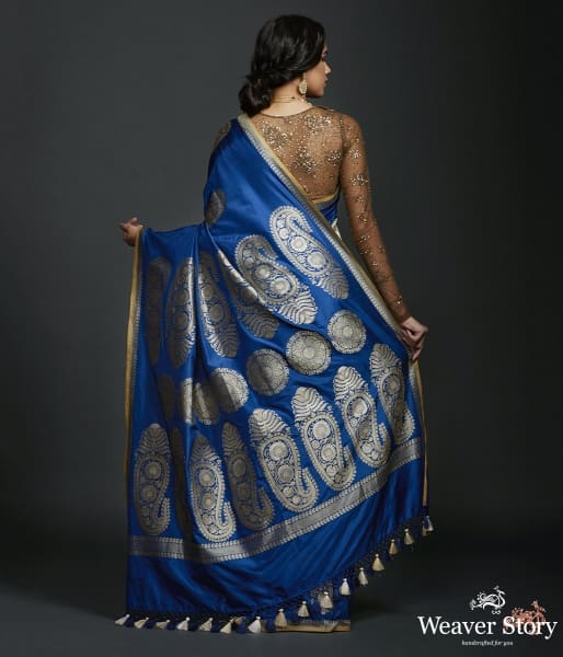 Blue kadhwa banarasi saree with kairi boota