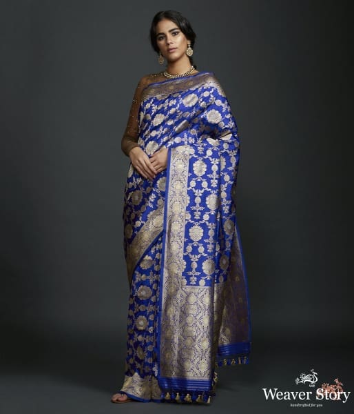Royal Blue sona rupa kadhwa jangla with intricate floral jaal