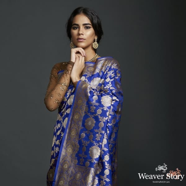 Royal Blue sona rupa kadhwa jangla with intricate floral jaal