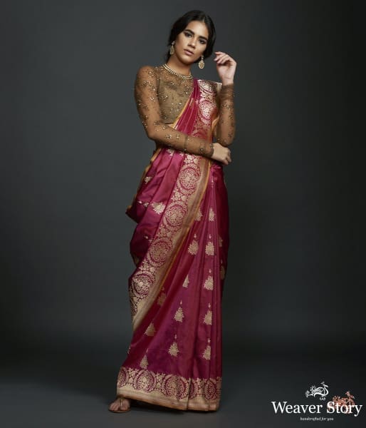 Wine floral border saree with kadhwa booti and mustard selvedge