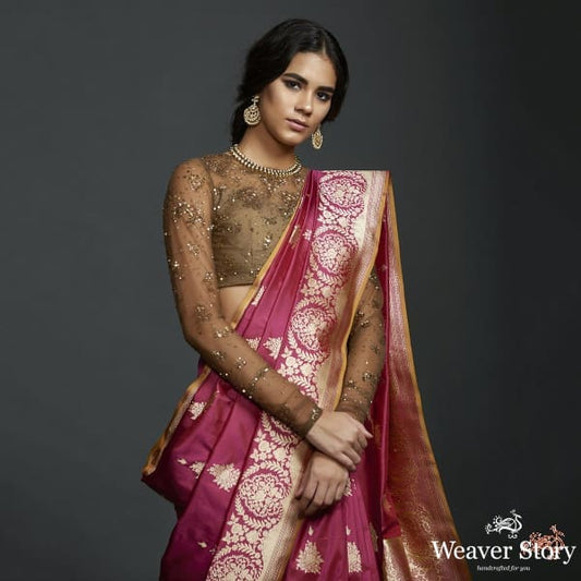 Wine floral border saree with kadhwa booti and mustard selvedge