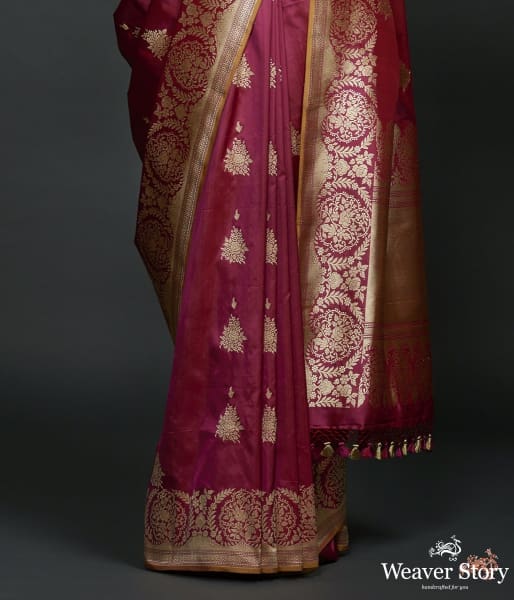 Wine floral border saree with kadhwa booti and mustard selvedge