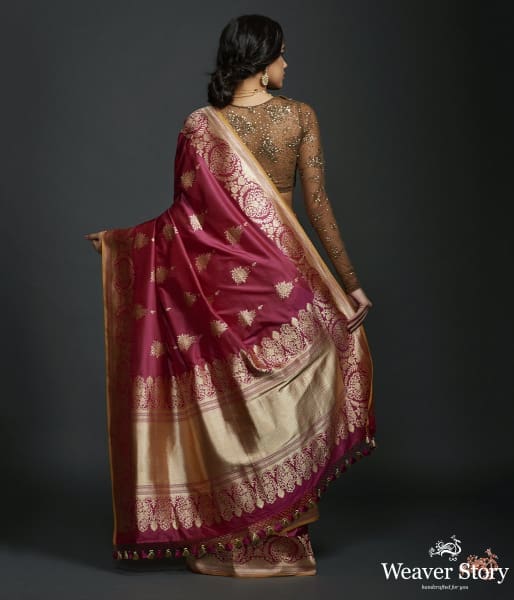 Wine floral border saree with kadhwa booti and mustard selvedge