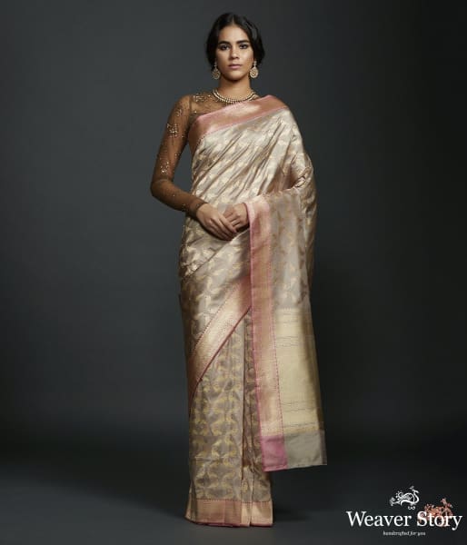 Beige Grey katan silk jangla saree with kadhwa bird motifs and pink border