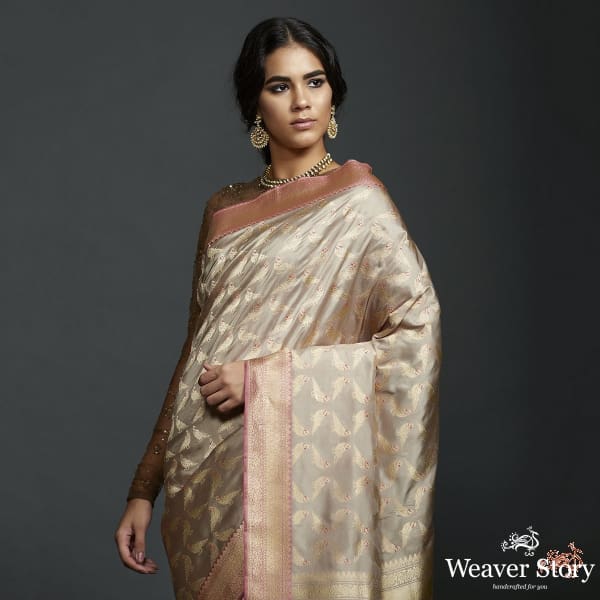 Beige Grey katan silk jangla saree with kadhwa bird motifs and pink border