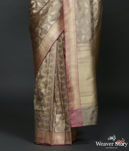 Beige Grey katan silk jangla saree with kadhwa bird motifs and pink border
