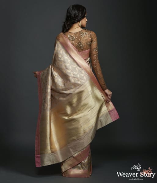 Beige Grey katan silk jangla saree with kadhwa bird motifs and pink border