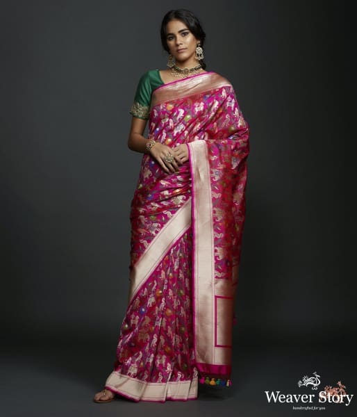 Hot pink shikargah saree with zari border
