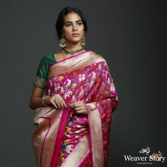 Hot pink shikargah saree with zari border