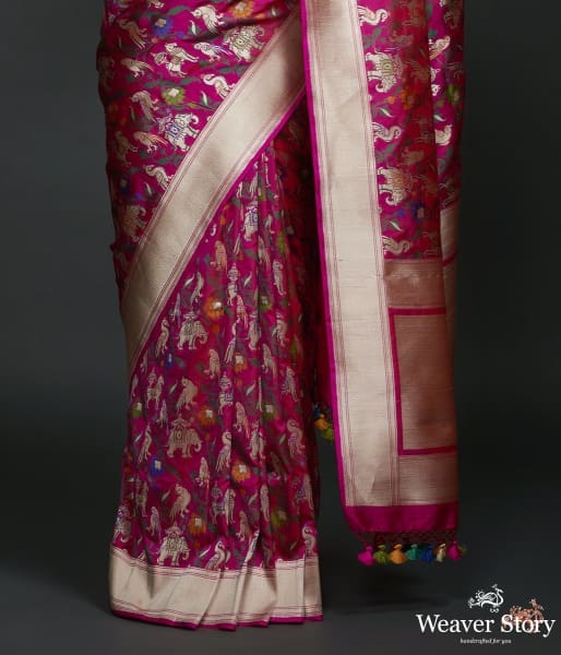 Hot pink shikargah saree with zari border