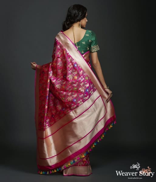 Hot pink shikargah saree with zari border