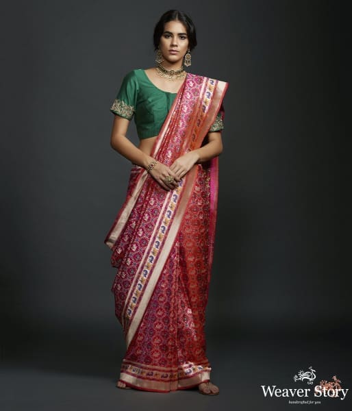 Handwoven Banarasi Patola Saree in pink with intricate meenakari work