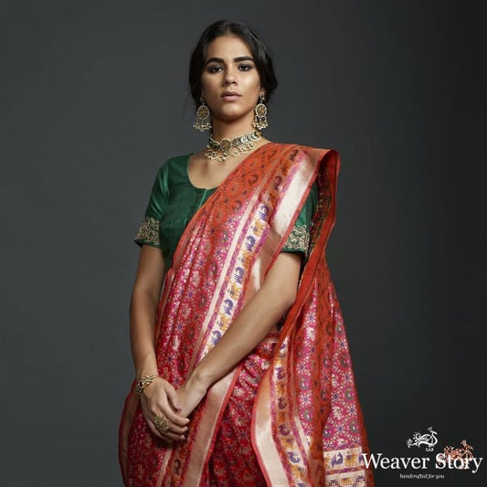 Handwoven Banarasi Patola Saree in pink with intricate meenakari work