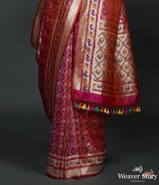 Handwoven Banarasi Patola Saree in pink with intricate meenakari work